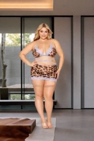 Leopard Bralette With Garter Skirt and G-String - Queen Size - Leopard