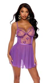 Elegant Moments Embroidered Mesh Purple Babydoll - 44199 -S
