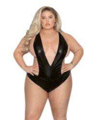 Liquid Look Chain Back Open Crotch Teddy - Queen Size - Black