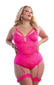 2 Pc Sheer Lace Teddy - Queen - Glossy Pink
