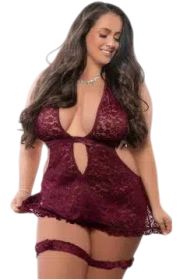 3pc Halter Laced Mini Dress, with Thong - QS - Italian Plum