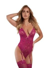 2pc Dramatic Lace Garter Teddy - Berry Extravaganza - OS