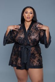 2275 Delia Robe Floral Lace Robe with Satin Trimming (Color:: Black, BLK: 3X)