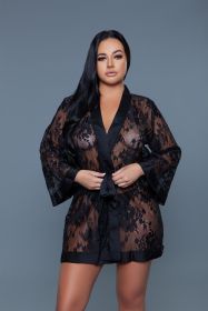 2275 Delia Robe Floral Lace Robe with Satin Trimming (Color:: Black, BLK: S)